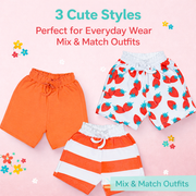 Girls Cotton Shorts Pack of 3 – Stripe, Solid & Strawberry Print
