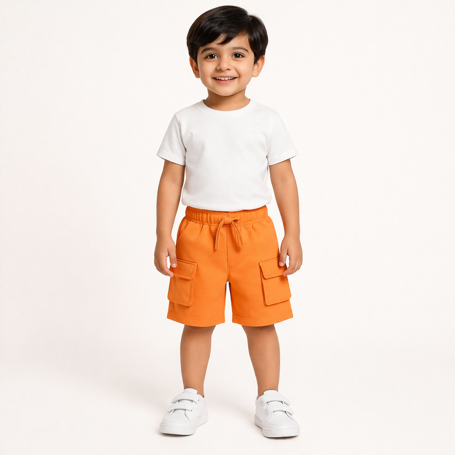 Kids Cotton Solid Cargo Shorts Set –Blue,Mint & Orange (Pack of 3)