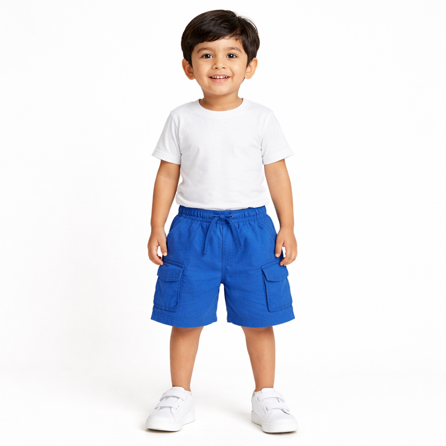 Kids Cotton Solid Cargo Shorts Set –Blue,Mint & Orange (Pack of 3)