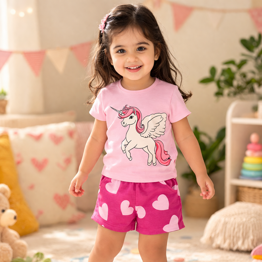 Girls Unicorn Print T-Shirt And Heart Print Shorts Set