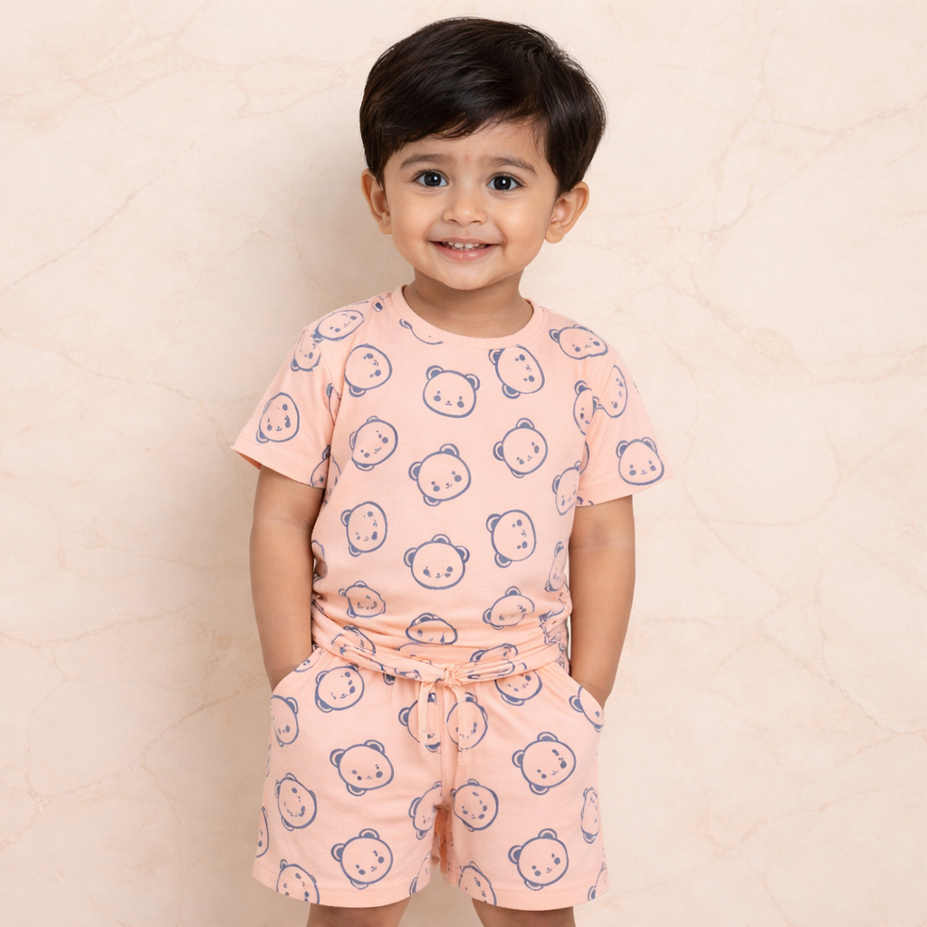 Boys Cotton Peach Bear Print Co-Ord Set