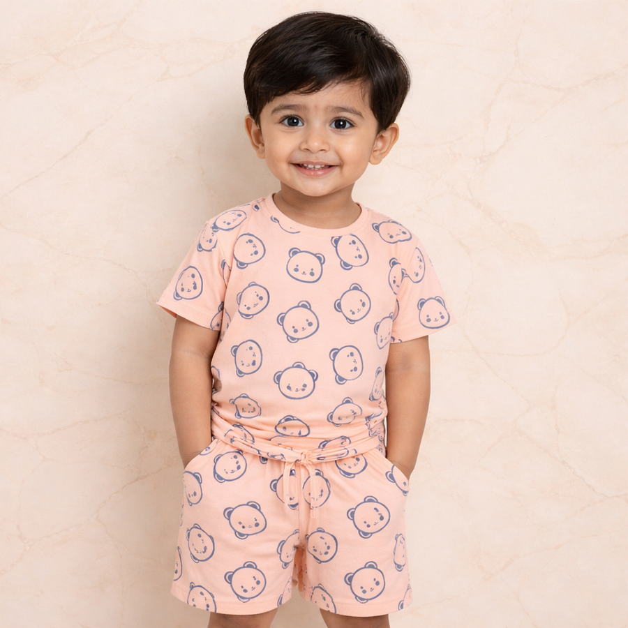 Boys Cotton Peach Bear Print Co-Ord Set