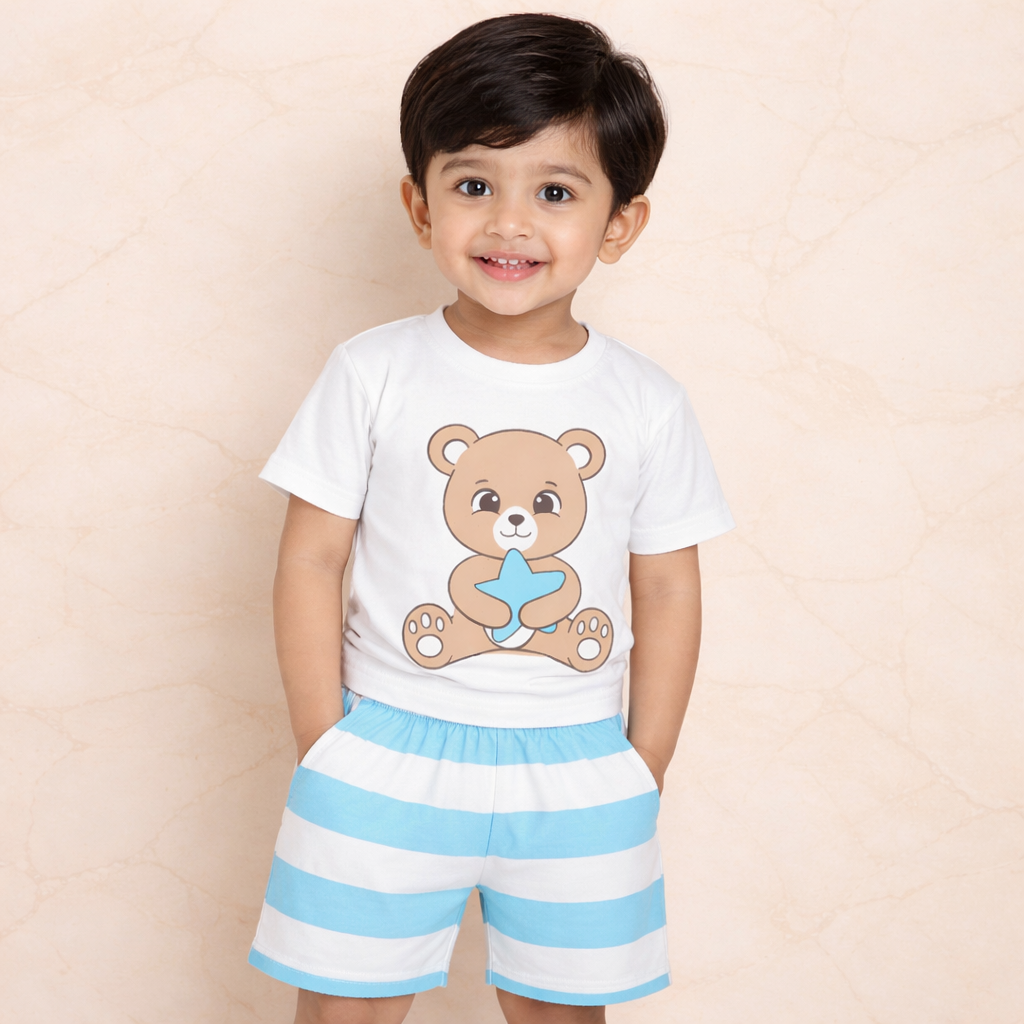 Boys Cotton Bear Print T-Shirt & Striped Shorts Set