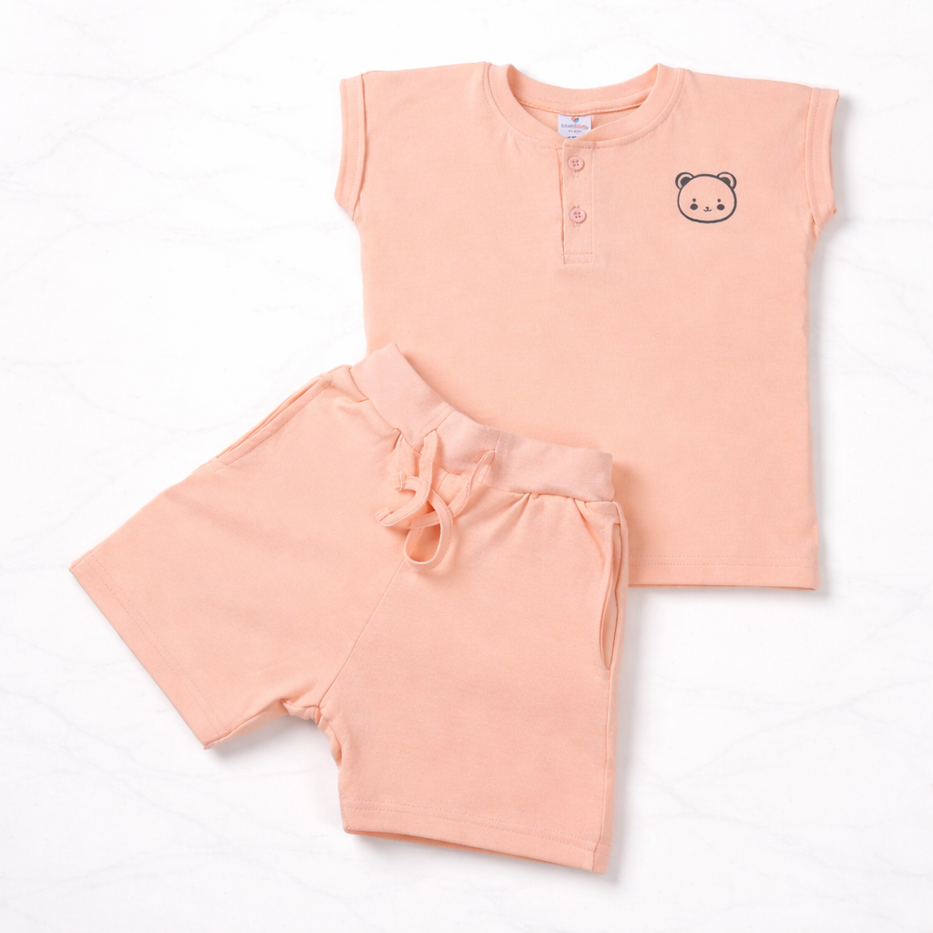 Boys Henley Neck Peach Bear Print T-Shirt & Shorts Set