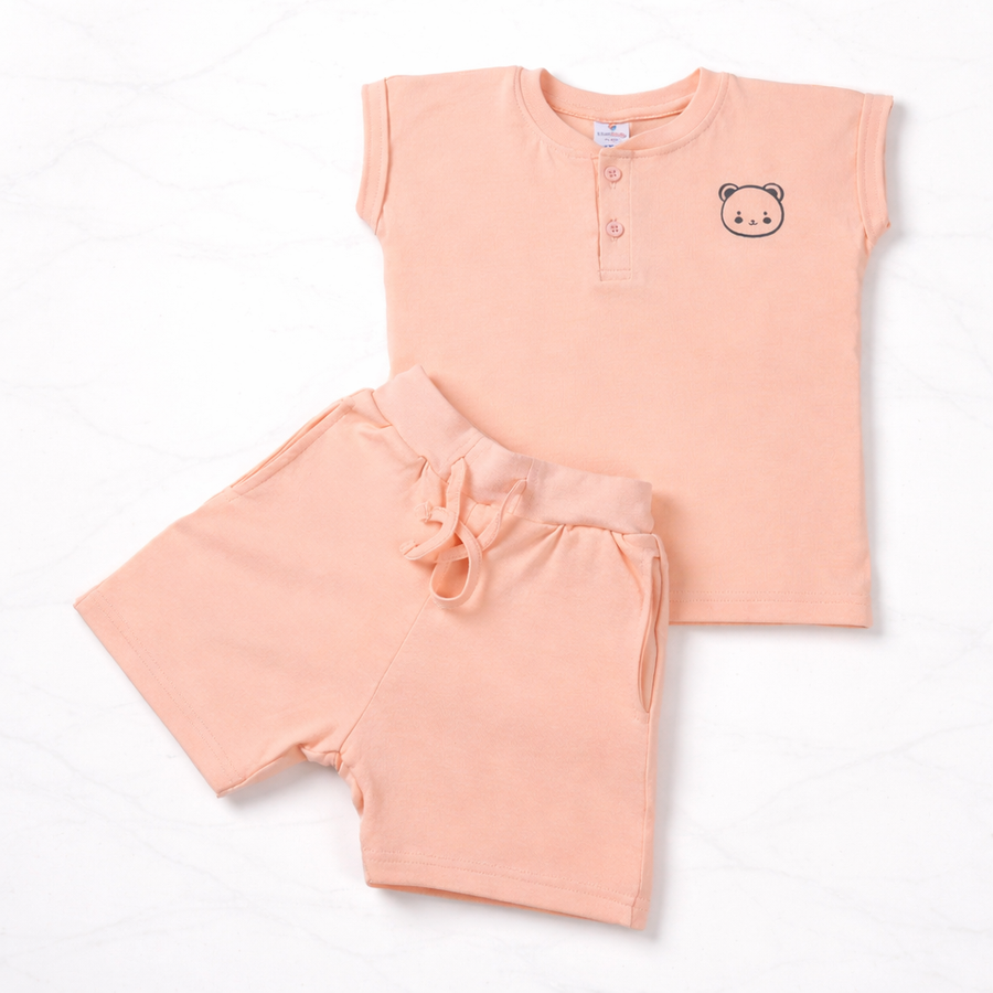 Boys Henley Neck Peach Bear Print T-Shirt & Shorts Set