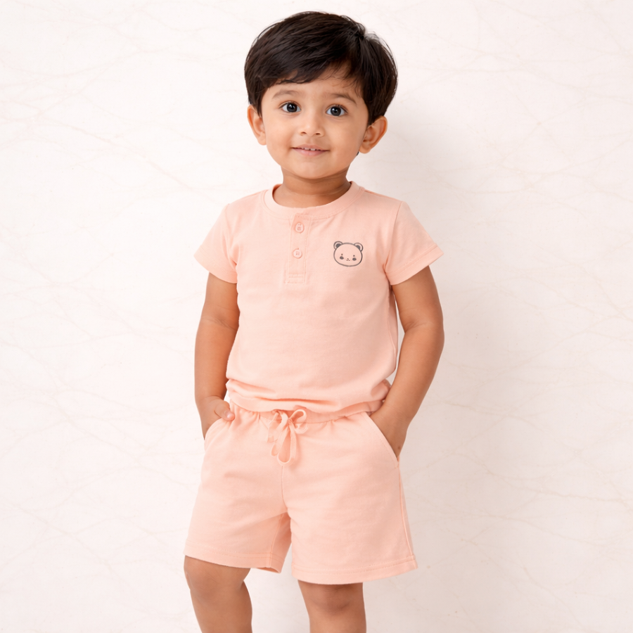 Boys Henley Neck Peach Bear Print T-Shirt & Shorts Set