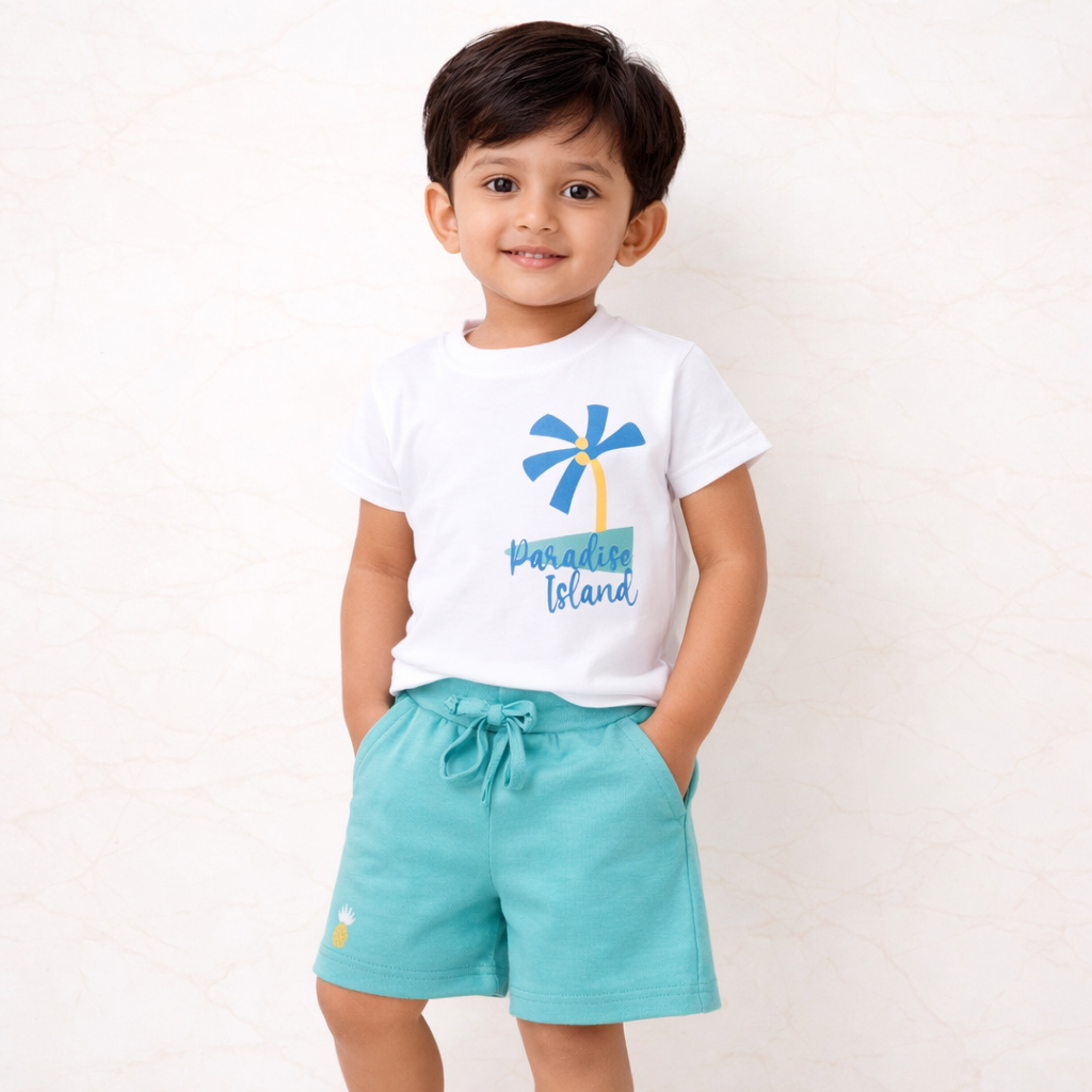 Kids Cotton Interlock 2-Pack T-Shirt & Shorts Set – Tropical Print Summer Co-ord Combo