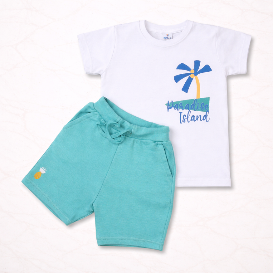 Kids Cotton Interlock 2-Pack T-Shirt & Shorts Set – Tropical Print Summer Co-ord Combo
