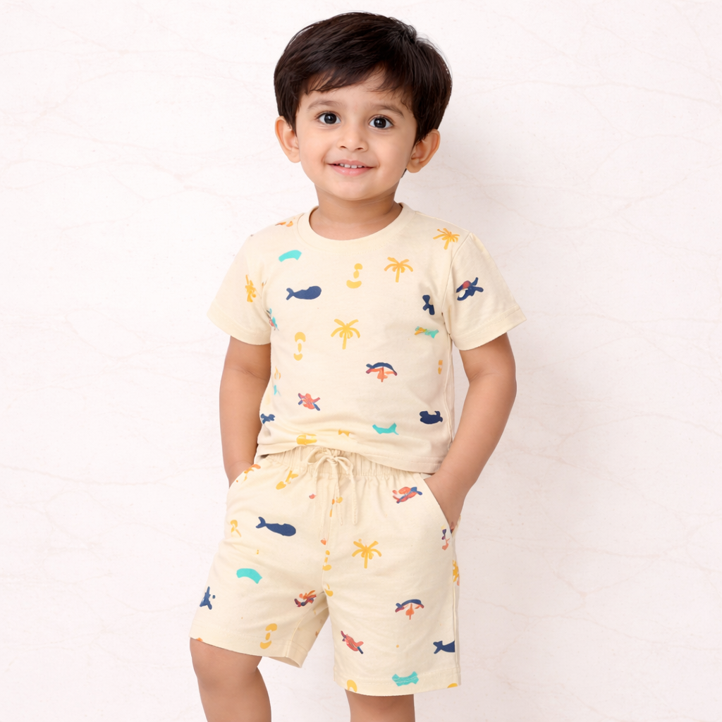 Kids Cotton Interlock T-Shirt & Shorts Set – Tropical Print Summer Co-ord Outfit