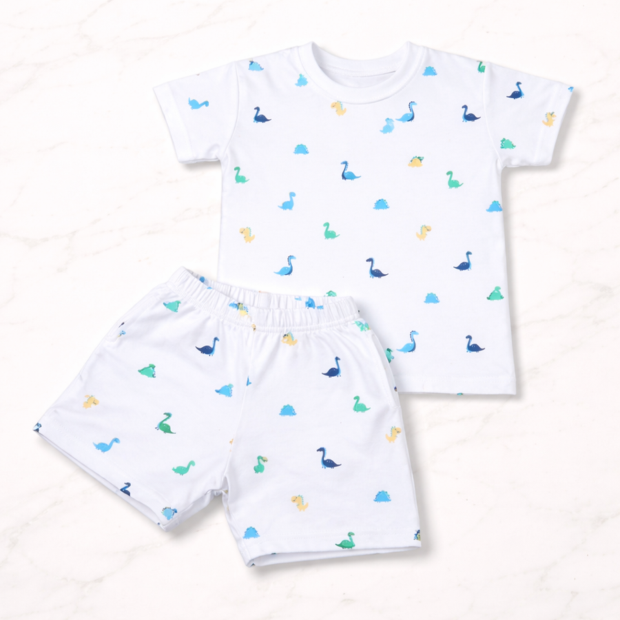 Kids Cotton Interlock T-Shirt & Shorts Set – Dinosaur Print Summer Co-ord Outfit