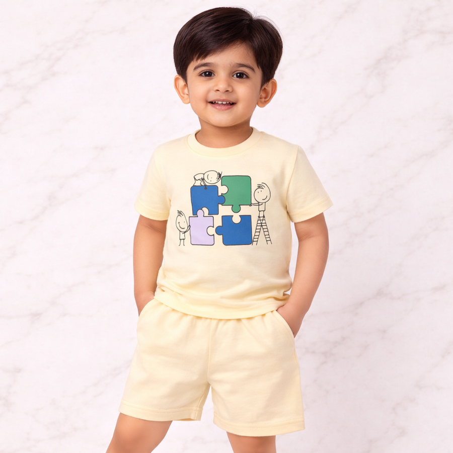 Kids Cotton Interlock 3-Pack T-Shirt & Shorts Set – Play Print Summer Co-ord Combo