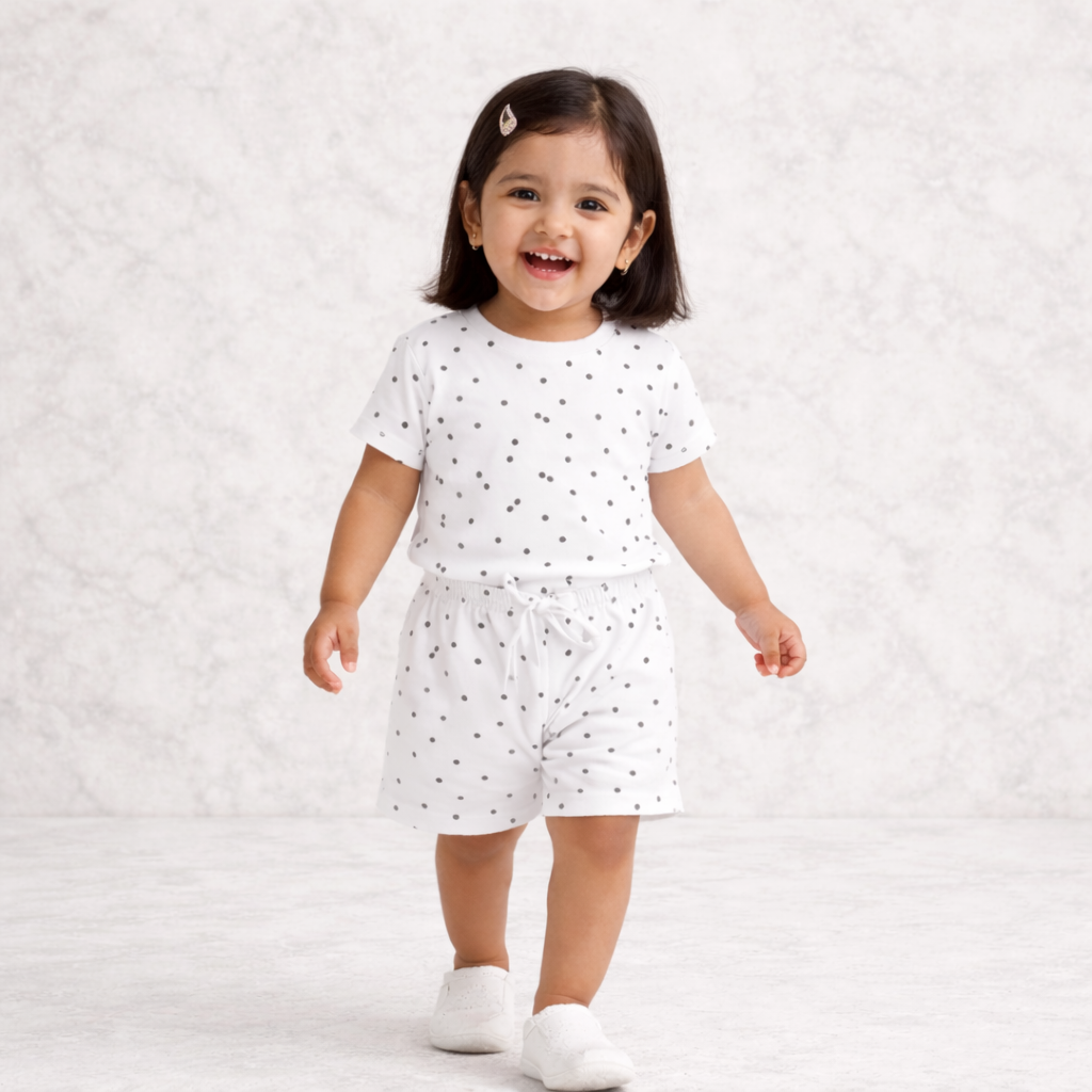 Girls Cotton Dot Printed Co-Ord Set –White