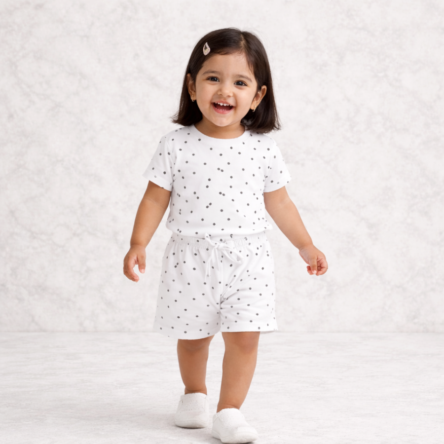 Girls Cotton Dot Printed Co-Ord Set –White