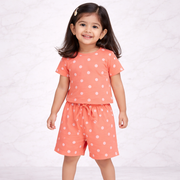 Coral Polka Dot Printed T-Shirt & Shorts Set for Girls