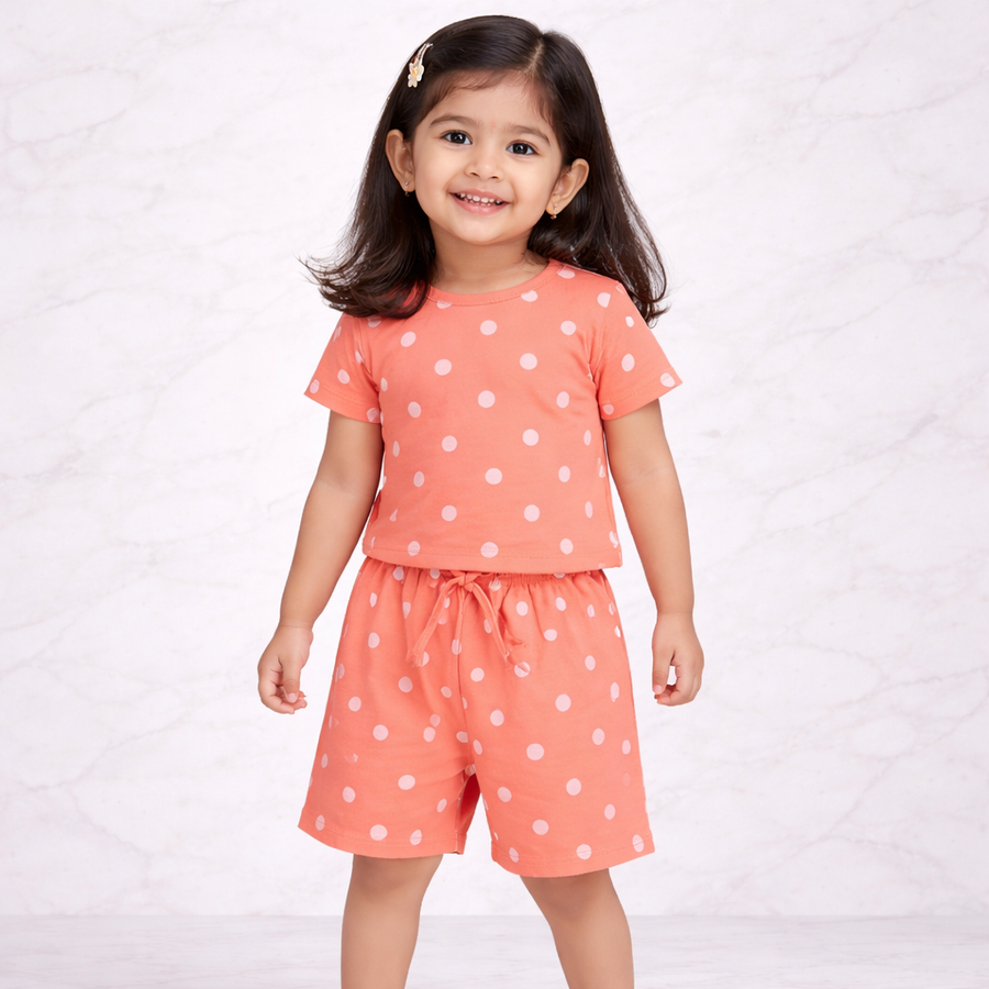 Coral Polka Dot Printed T-Shirt & Shorts Set for Girls