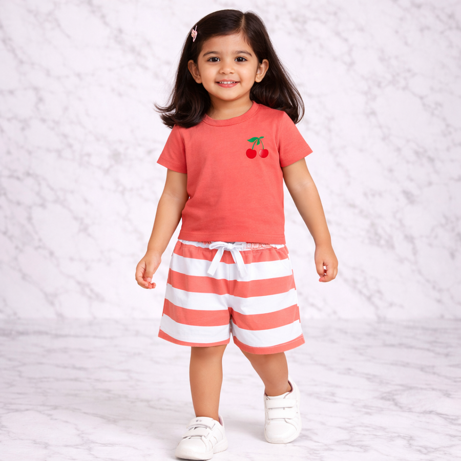 Coral Cherry Print T-Shirt & Shorts Set For Girls