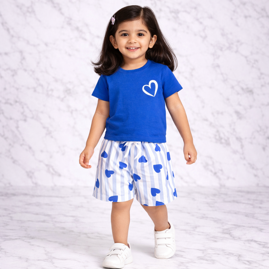Blue Heart Print T-Shirt & Striped Shorts Set