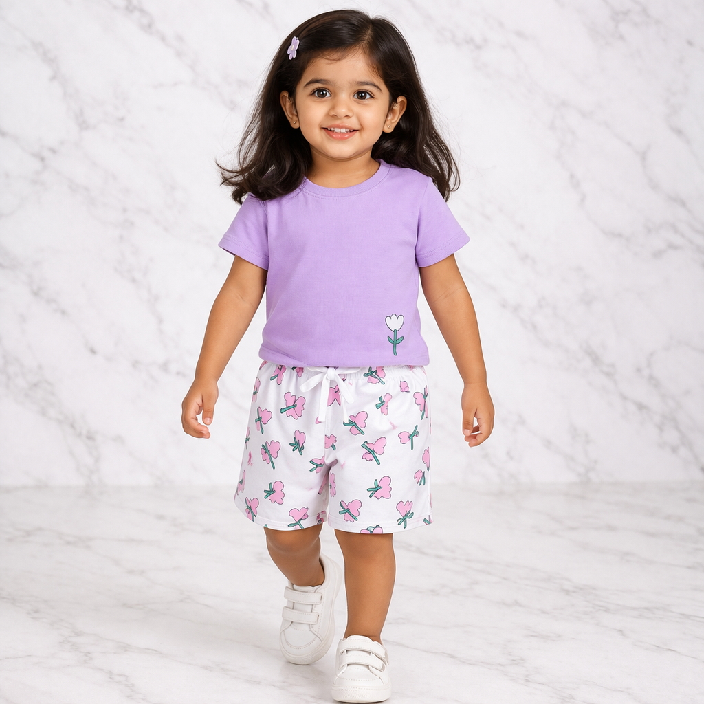 Purple Floral & Blue Heart Print T-Shirt & Shorts Set(Pack Of 2)