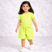 Lime Solid Co-ord Style T-Shirts & Shorts Set For GIrls