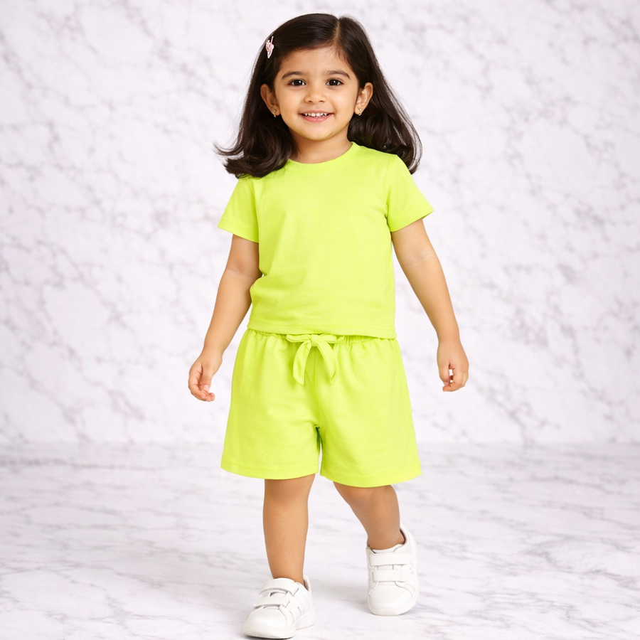 Lime Solid Co-ord Style T-Shirts & Shorts Set For GIrls