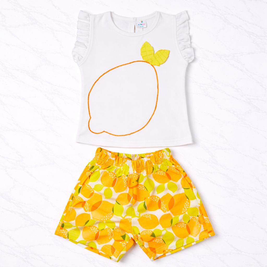 White Lemon Print Top & Shorts Set for Girls