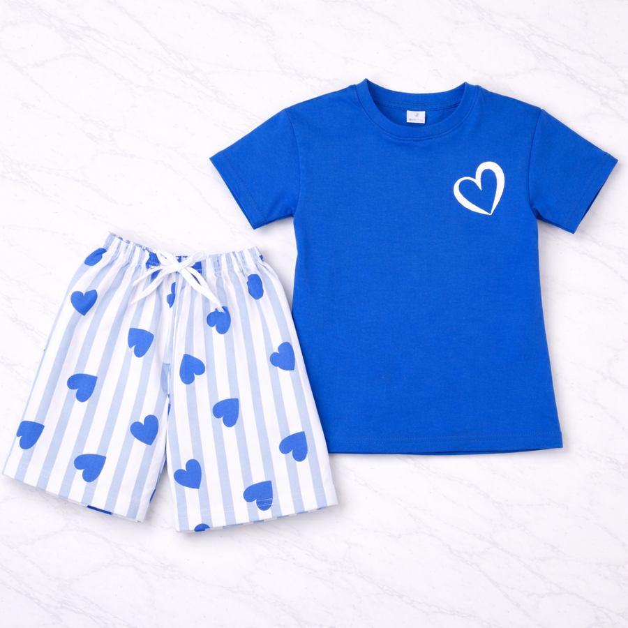 Blue Heart Print T-Shirt & Striped Shorts Set
