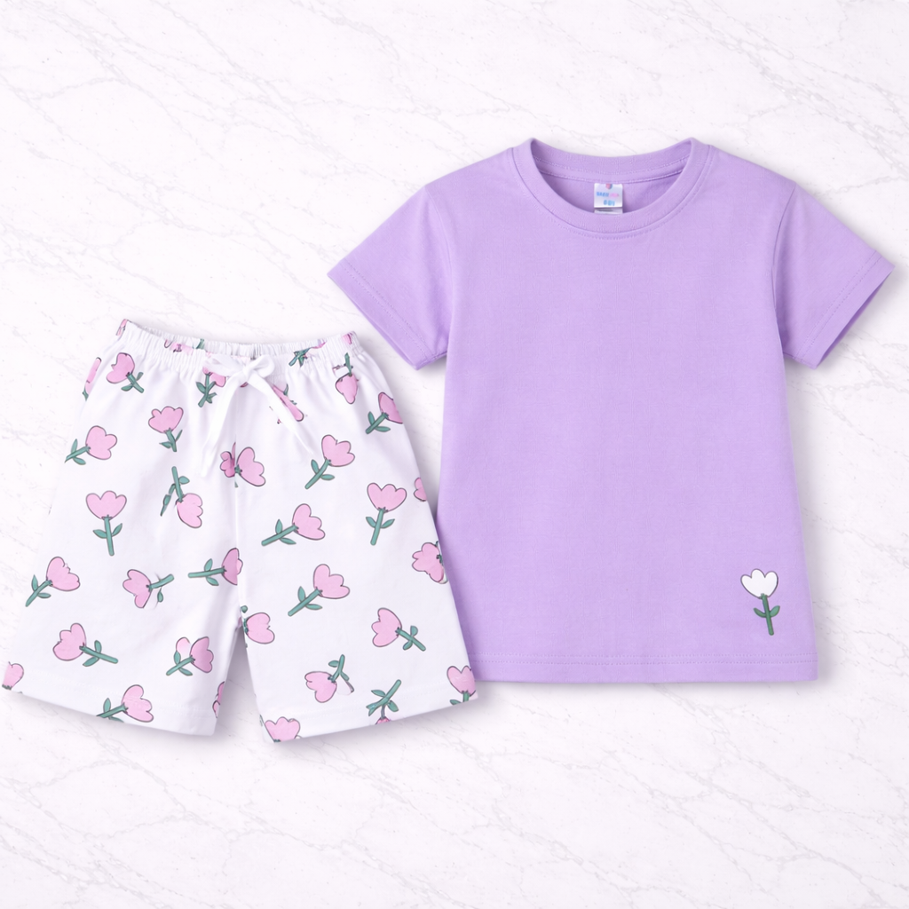 Purple T-Shirt & Floral Print Shorts Set for Girls
