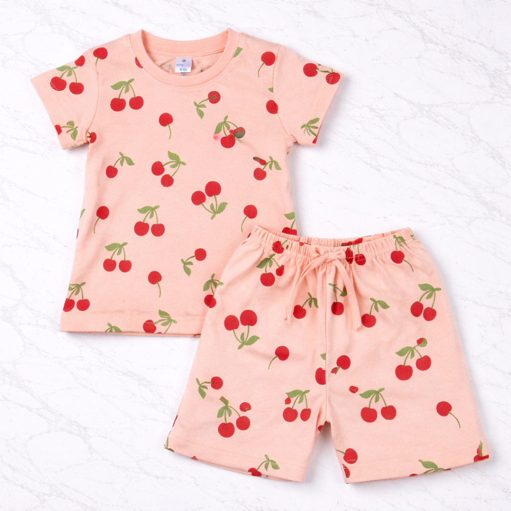 Cherry Print Co-ord Style T-Shirt & Shorts Set For Girls