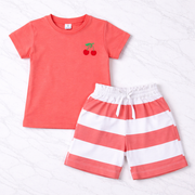 Coral Cherry Print T-Shirt & Shorts Set For Girls