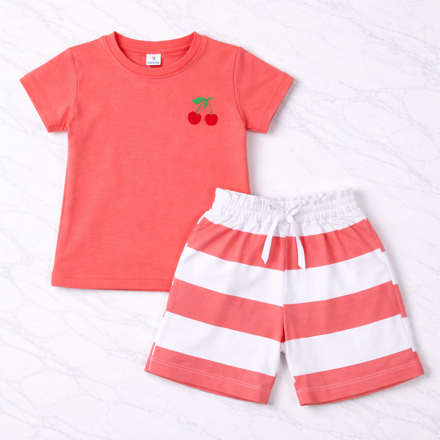 Coral Cherry Print T-Shirt & Shorts Set For Girls
