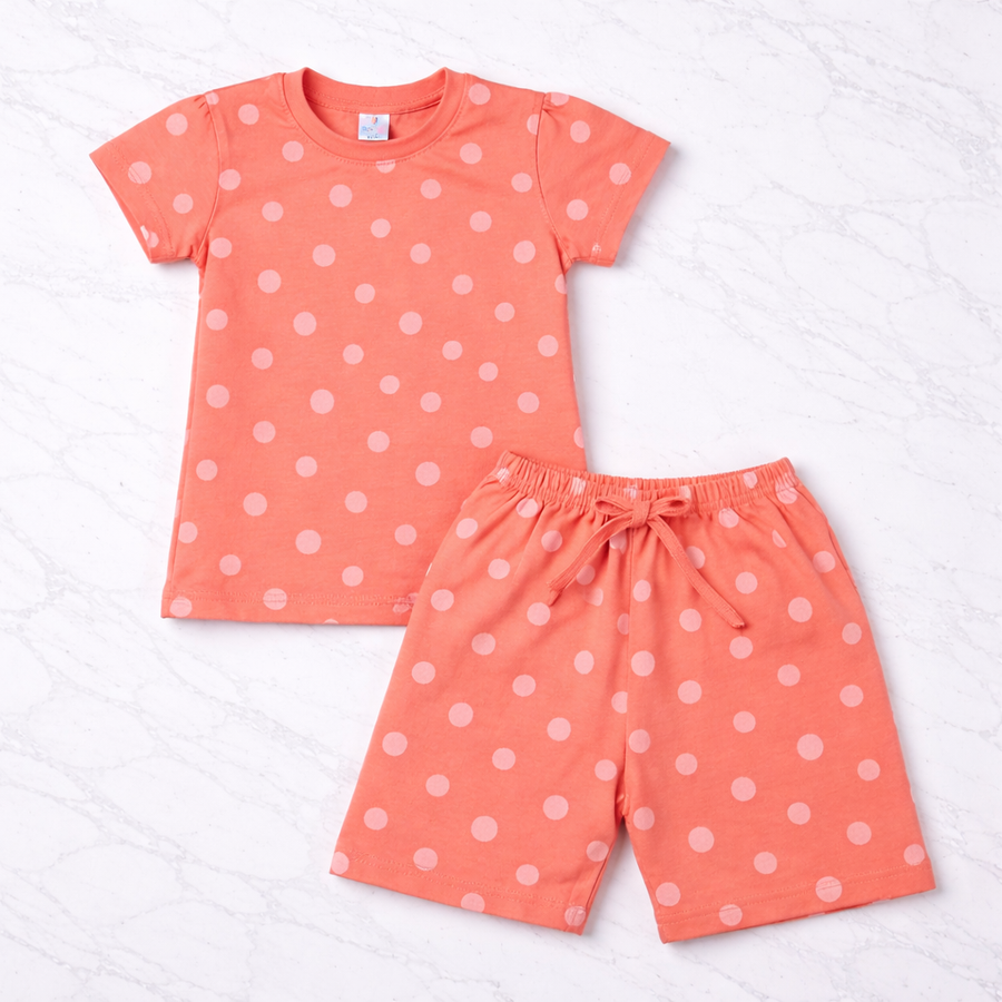 Coral Polka Dot Printed T-Shirt & Shorts Set for Girls