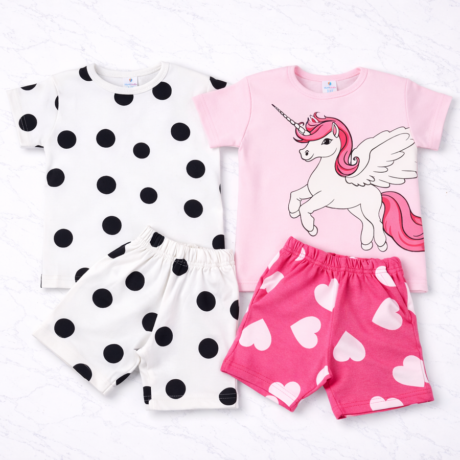 Girls Cotton Co-Ord Set (Pack of 2) – Polka Dot & Unicorn Print