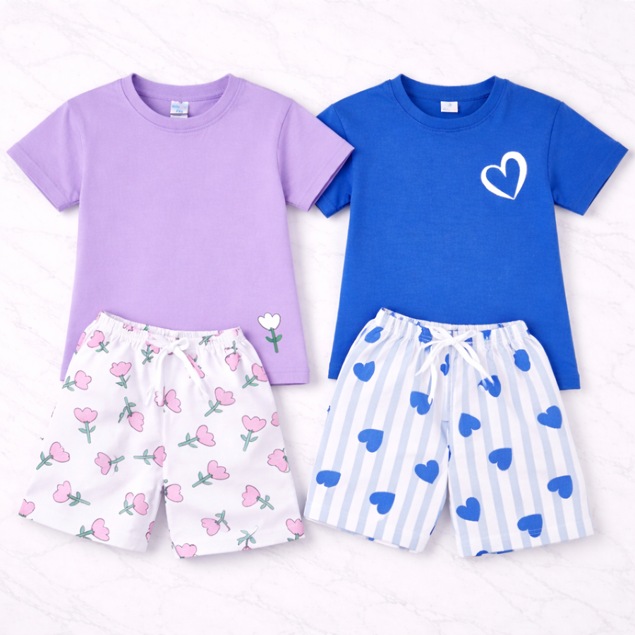 Purple Floral & Blue Heart Print T-Shirt & Shorts Set(Pack Of 2)