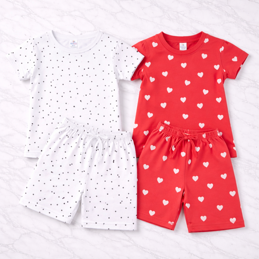 Pink and White Printed Co-ord Style T-Shirt & Shorts Set For Girls