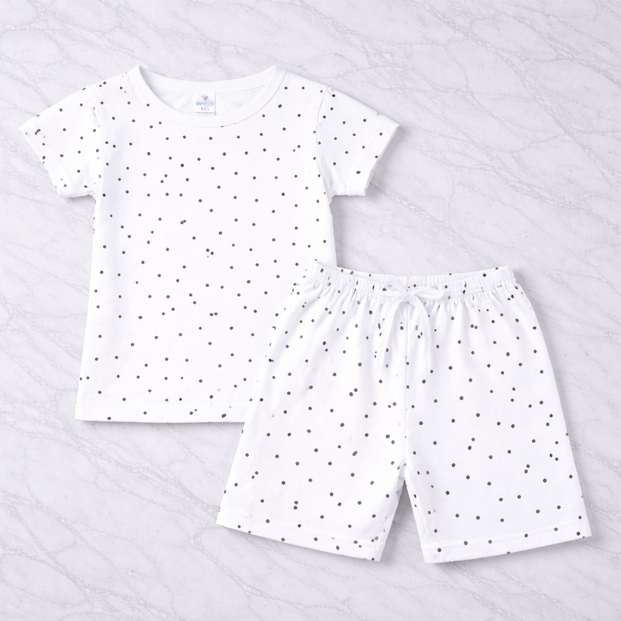 Girls Cotton Dot Printed Co-Ord Set –White