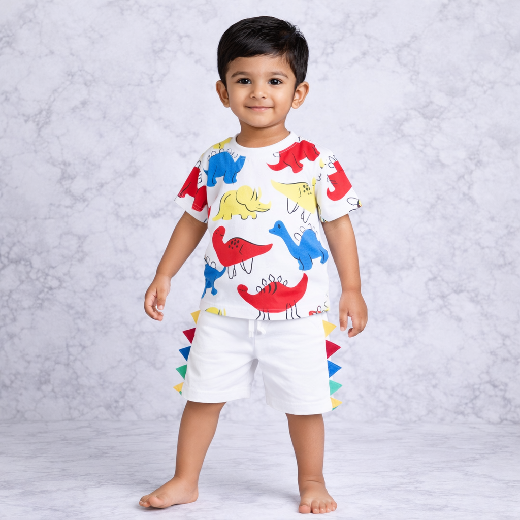 Kids Dino Print Top and Shorts Outfit Set