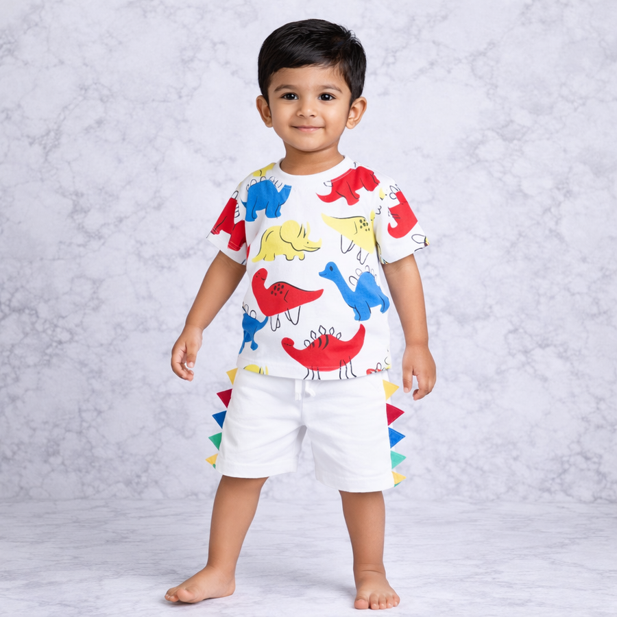 Kids Dino Print Top and Shorts Outfit Set