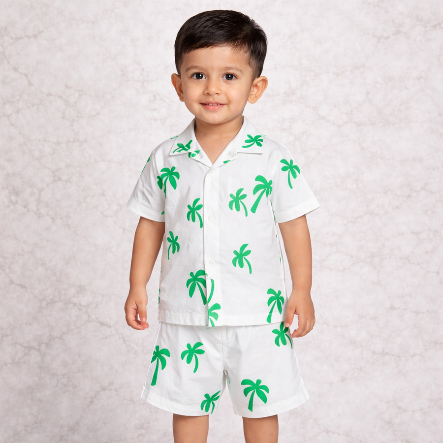 Kids Tropical Palm Print Shirt and Shorts Co-ord Set – White