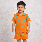 Kids Orange Palm Print Half Sleeves Shirt and Shorts Set