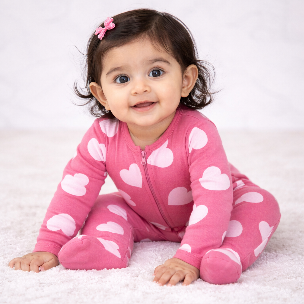 Baby Cotton Heart Printed  Zip Romper-Orchid