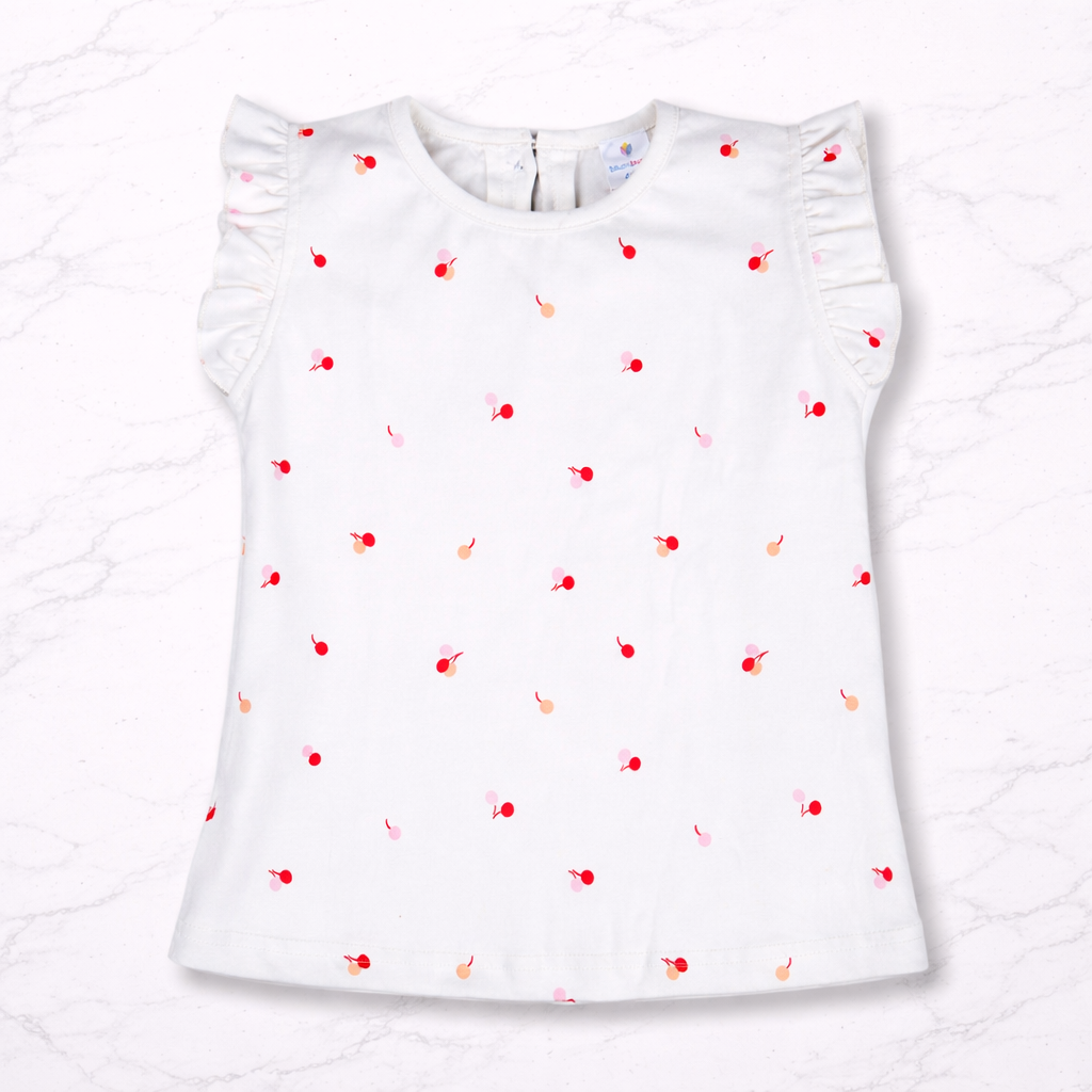 Cherry Print Girls Top with Frill Sleeves-Off White