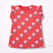 Tulip Print Girls Top with Frill Sleeves-Deep Pink