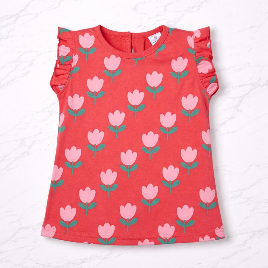 Tulip Print Girls Top with Frill Sleeves-Deep Pink