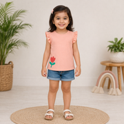 Floral Print Top with Frill Sleeves-Peach