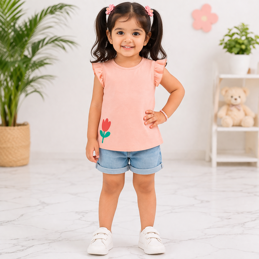 Floral Print Top with Frill Sleeves-Peach