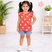 Tulip Print Girls Top with Frill Sleeves-Deep Pink