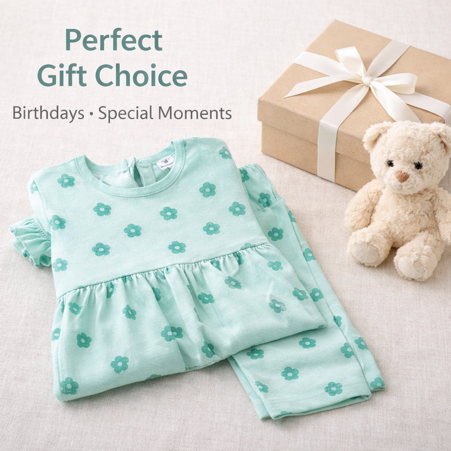Cute Flower Print Dress With Leggings Set-Green