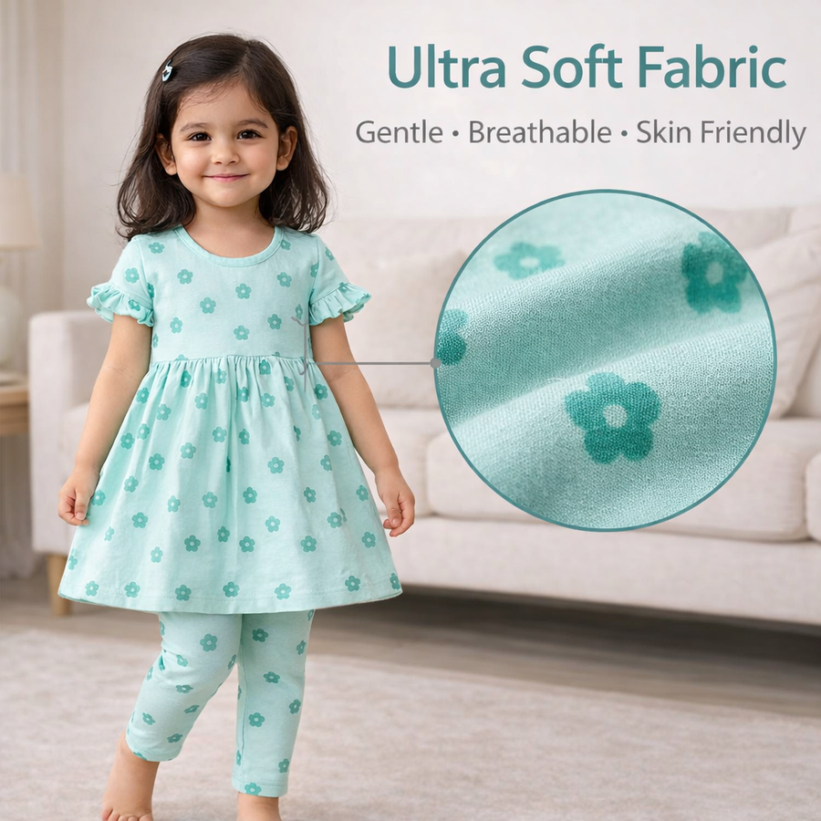 Cute Flower Print Dress With Leggings Set-Green