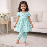 Cute Flower Print Dress With Leggings Set-Green