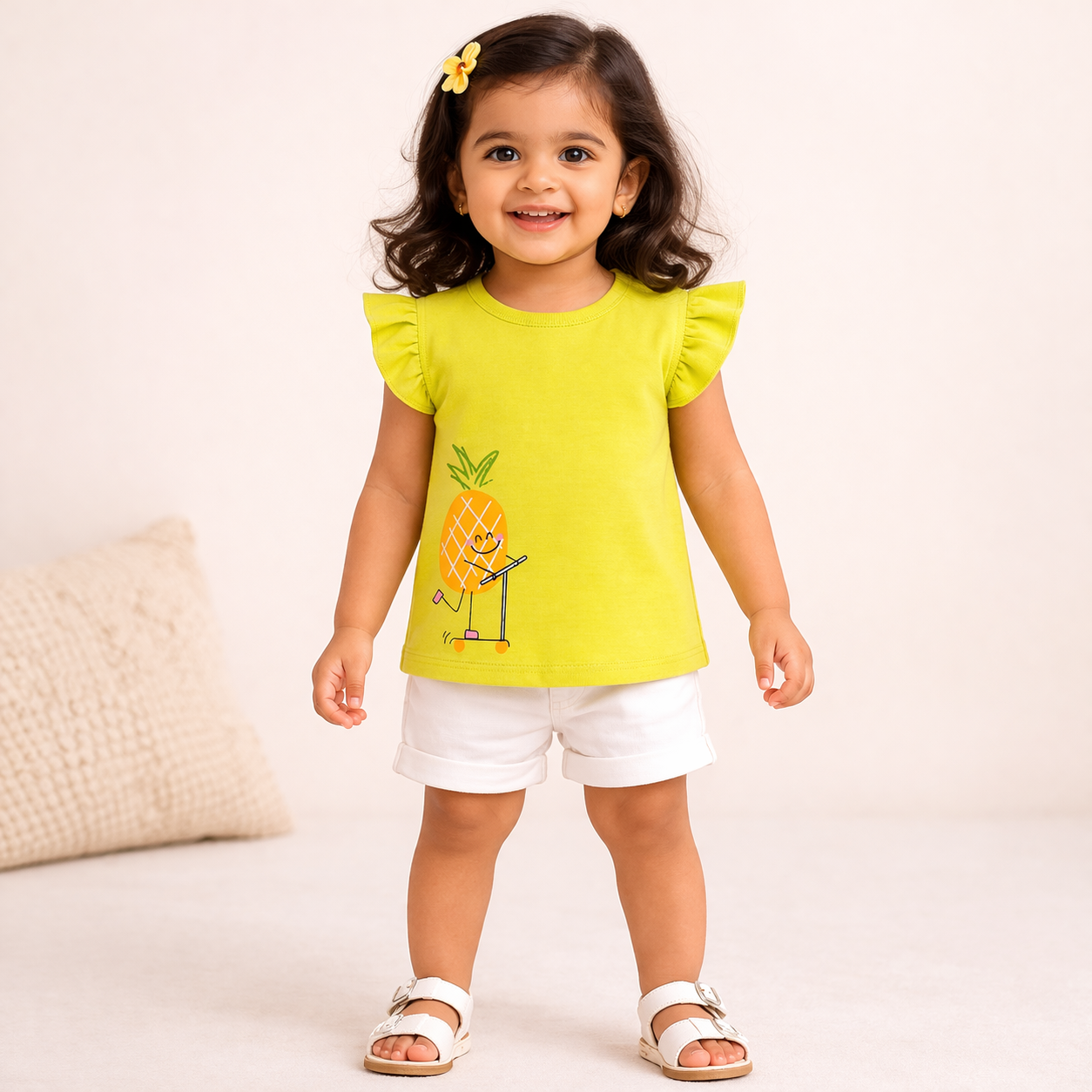 Cute White Lemon Print Graphic Ruffle Sleeve Top for Girls(Pack of 3)